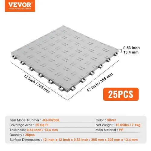 VEVOR Garagen-Bodenbeschläge, 305 x 305 x 13,4 mm, 25er-Set Industrieboden, rutschfeste doppelseitige Struktur-Garagenboden, für Garagen, Keller, Reparaturwerkstätten,Silber – Bild 6