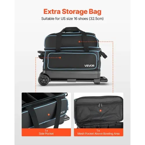 VEVOR Bowlingballtasche für 3 Bälle mit Doppelrollen & separatem Fach für Schuhe (bis US-Größe 16) & übergroßer Zubehörtasche, einziehbarer Griff lässt sich auf 105 cm ausziehen Schwarz + Blau – Bild 4