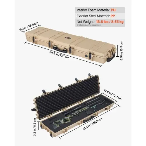 VEVOR Waffenkoffer mit Hartschale für Langwaffen, abschließbarer Gewehrkoffer mit vorgeschnittenen Schaumstoffen, Langwaffenkoffer Waffenaufbewahrung rollbar IP67 wasserfest, 138 x 38,5 x 16,5 cm Khaki – Bild 2