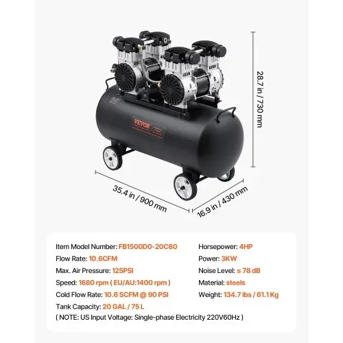 VEVOR-Luftkompressor, 20 Gallonen Stahltank, 4 PS, 14,6 CFM bei 90 PSI, ölfreier Luftkompressor und max. 125 PSI Druck, 78 dB ultraleiser tragbarer Kompressor, für Autoreparatur, Reifenbefüllung, Spritzlackierung – Bild 6