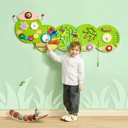VEVOR 12-in-1 Montessori Busy Board, Montessori Motorikbrett für Bildung Frühe Entwicklung, Sensorisches Wandpaneel aus Holz für Kinder von 3-12 Jahren, Raupe-Wandspiel für Kindergarten Spielzimmer – Bild 7