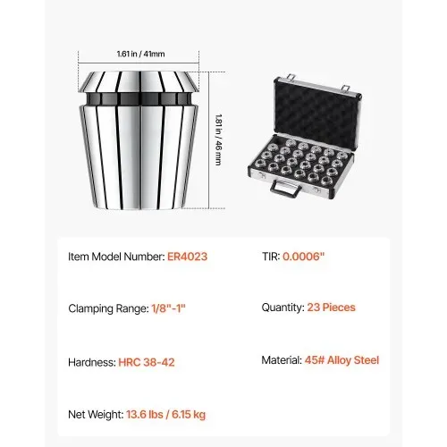 VEVOR ER40 Spannbuchsen Set 1/8 Zoll bis 1 Zoll, 23-tlg. Spannzangensatz, für CNC-Fräsmaschinen & Bohrmaschinen, 0,0006 Zoll Rundlaufgenauigkeit, Präzisions-Spannzangen mit Koffer, Legierter Stahl – Bild 6