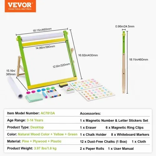 VEVOR Kindertafel, 3-in-1-hölzerne doppelseitige Spieltafel für Kinder mit magnetischem Whiteboard, Kreidetafel, Papierrolle, faltbarem Zeichenbrett mit Malzubehör für Kinder im Alter von 3-14 Jahren – Bild 6