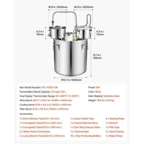 VEVOR Distillieranlage 50 L mit Thumper-Fass Wasserpumpe 10 Glasbehältern, Destillationsset mit Doppelskala-Thermometer Wasserpumpe für Whisky, Wein und Brandy, Destillierer für Hobby und Küche – Bild 6
