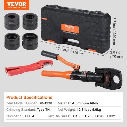 VEVOR Hydraulisches Rohr-Crimpwerkzeug für Kupferrohrverbindungen, Presszange mit TH16, TH20, TH26, TH32 Schnellwechselbacken, 360° drehbares Pressset für T-Verbindungsstücke auf engstem Raum, hydraulisch angetrieben – Bild 6