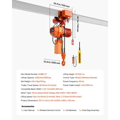 VEVOR Elektrischer Kettenzug 2000 kg, 6,1 m Hubhöhe, Dreiphasig, mit 100 m Funk- & 4,8 m Kabelfernbedienung, G100-Doppelkette, Notstopp, Elektrokettenzug für Fabriken, Lagerhallen & Garagen – Bild 6