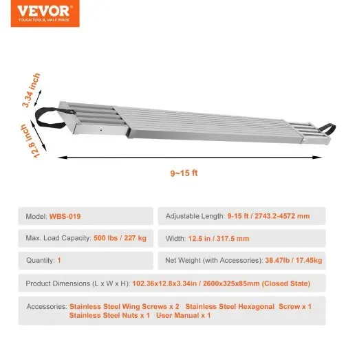 VEVOR Teleskop-Arbeitsplanke aus Aluminium, 2,74-4,57 m, 227 kg Tragkraft, 31,75 cm breite Aluminium-Gerüstplanke, Verlängerungs-Bühnenplanke mit rutschfester Plattform, Gerüstleiter-Zubehör – Bild 6
