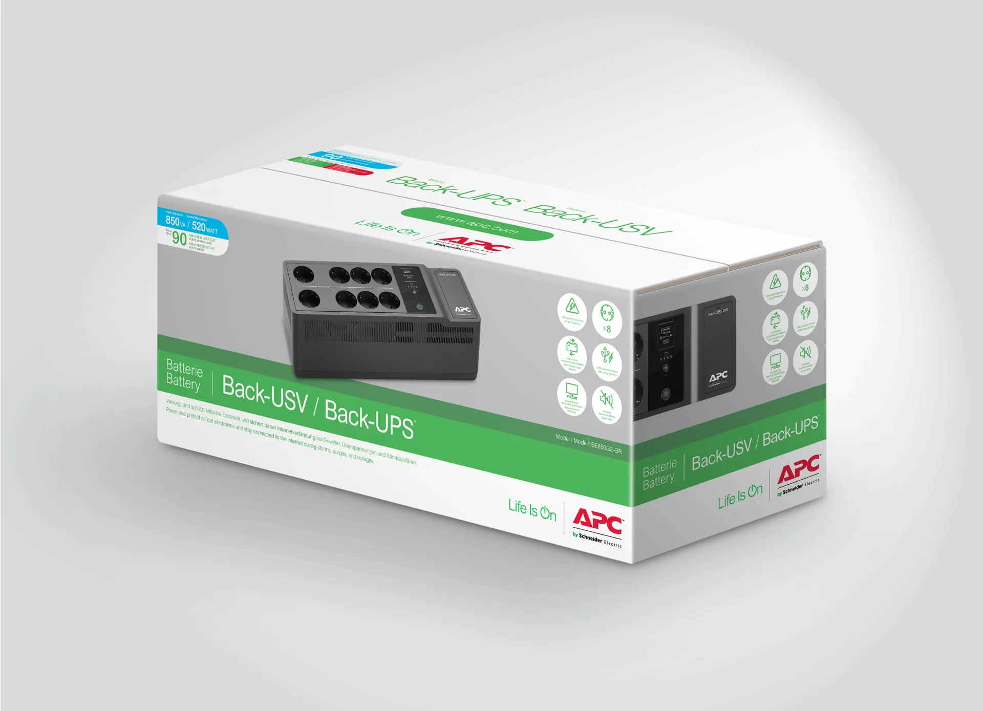 APC Back-UPS BE850G2-GR - USV 8x Schuko, 850VA, 2 USB-Ladegeräte, 1 USB-Datenanschluss – Bild 7