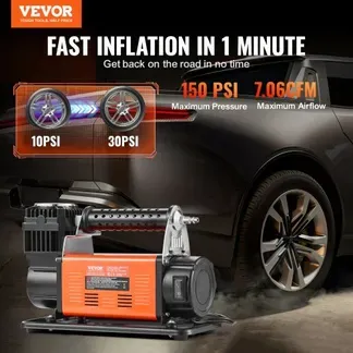VEVOR 12 V Hochleistungs-Luftkompressor – mit digitalem Druckmesser, Reifenfüllset, tragbarer Reifenfüller mit 7,06 CFM, 150 PSI Offroad-Luftpumpe mit Adaptern für LKWs, Autos, SUVs, Allradfahrzeuge und Wohnmobile VEVOR 12 V Hochleistungs-Luftkompressor – mit digitalem Druckmesser, Reifenfüllset, tragbarer Reifenfüller mit 7,06 CFM, 150 PSI Offroad-Luftpumpe mit Adaptern für LKWs, Autos, SUVs, Allradfahrzeuge und Wohnmobile