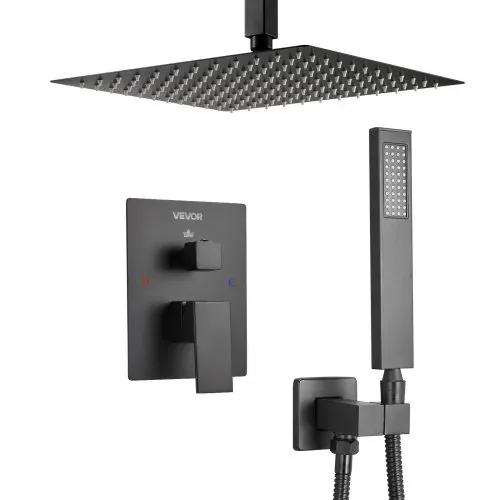 VEVOR Duscharmatur Regenduschsystem fürs Badezimmer Duschsystem mit 305 mm quadratischen Regenduschkopf & Handbrause, wandmontierte Badezimmerarmaturen mit Messingventil & Zierset, Mattschwarz – Bild 9