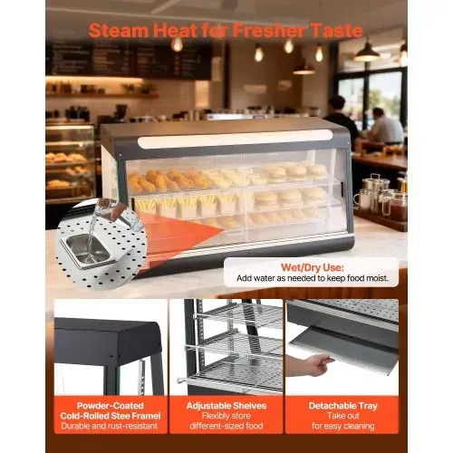 VEVOR 3-stöckige Wärmetheke 180 L, Warmhaltevitrine 1600 W, Warmhaltetheke 30–85 °C, Speisenwärmer mit LED-Beleuchtung & Verstellbaren Ablagen, Speisevitrine für Hamburger Pizza Brot Brathähnchen – Bild 5