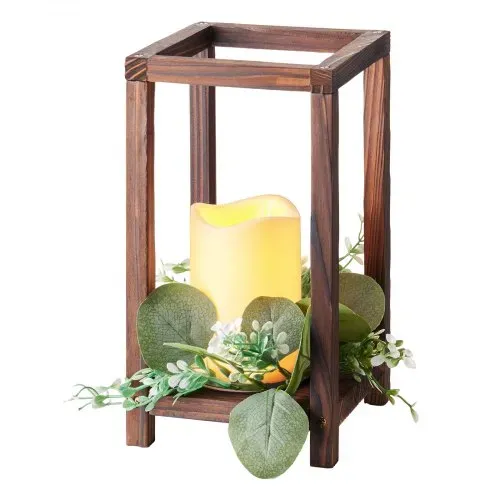VEVOR 12er-Set, Holzlaternen, inklusive 12 Holzlaternen-Kerzenhaltern, 12 flammenlosen LED-Kerzen, 12 Eukalyptusblätter-Kranz für Hochzeitstisch, Party, Bauernhaus-Dekoration, Braun – Bild 8