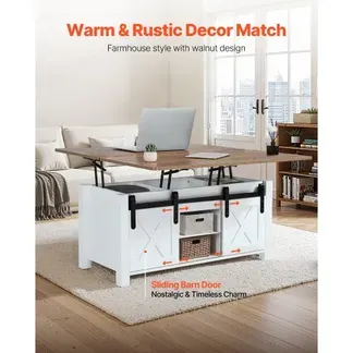 VEVOR Lift Top Couchtisch 100 cm, rustikaler Kaffeetisch mit Scheunentor & verstecktem Staufach, rechteckige Hubtischplatte für Wohnzimmer Büro Zuhause, Wohnzimmertisch Sofatisch Braun + Weiß VEVOR Lift Top Couchtisch 100 cm, rustikaler Kaffeetisch mit Scheunentor & verstecktem Staufach, rechteckige Hubtischplatte für Wohnzimmer Büro Zuhause, Wohnzimmertisch Sofatisch Braun + Weiß