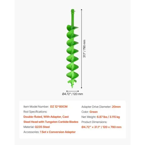 VEVOR Erdbohrer für Bohrmaschine, Ø 790x120 mm Gartenbohrer, kompatibel mit Bohrern mit 20 mm Innendurchmesser, Pfahlbohrer, Durchlässenbohrer, Grabungswerkzeug zum Pflanzen und Bohren – Bild 6