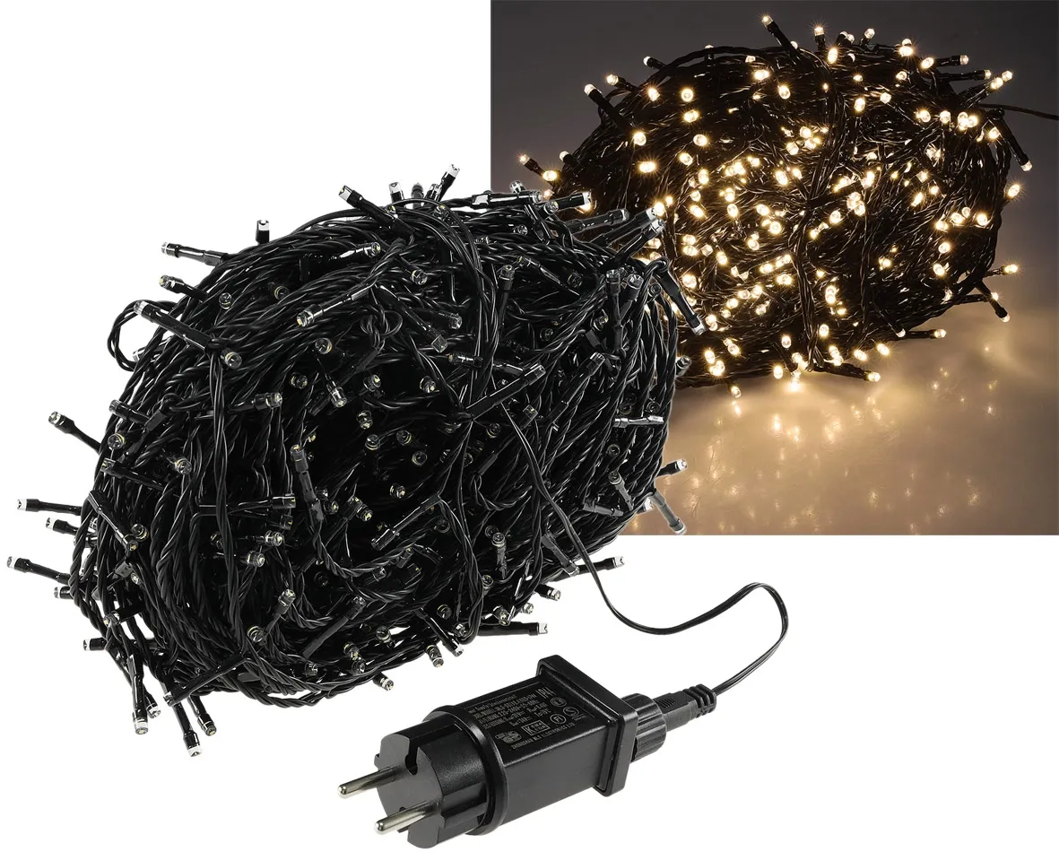 LED Aussen-Lichterkette „CT-ALK600“ 60m warmweiß, Kabel schwarz, IP44, 600 LEDs LED Aussen-Lichterkette „CT-ALK600“ 60m warmweiß, Kabel schwarz, IP44, 600 LEDs