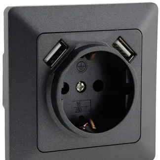 MILOS Schutzkontakt-Steckdose, Anthrazit 250V~/ 16A, UP, 2x USB Buchse je 5V/1A MILOS Schutzkontakt-Steckdose, Anthrazit 250V~/ 16A, UP, 2x USB Buchse je 5V/1A