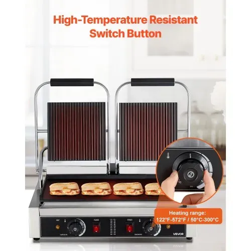 VEVOR kommerzieller Panini-Grill Kontaktgrill 3600 W für Sandwiches Steak Bacon Hamburger, Sandwichmaker Pressgrill aus Edelstahl mit Griff & Temperaturregelung & 48 x 23 cm Heizplatte, Paninipresse – Bild 4