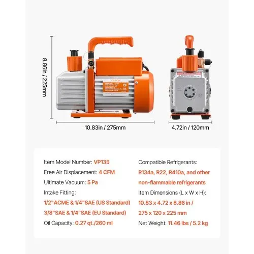 VEVOR Vakuumpumpe, 4 CFM, HVAC einstufige Drehschieber-Vakuumpumpe, für R134a R22 R410a Systeme, Auto-AC-Vakuumpumpen-Kit mit Ölflasche, für die Wartung von Auto-Klimaanlagen und Harzentgasung – Bild 6