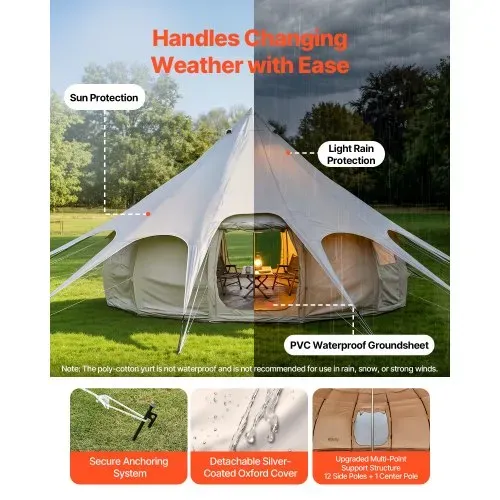 VEVOR Canvas-Glockenzelt, 5 m Jurte, 4 Jahreszeiten, mit Ofenrohrdurchführung & Regenhülle, Poly-Baumwoll-Gewebe, bis zu 12 Personen, für Familien-Camping, & Andere Outdoor-Aktivitäten, Beige – Bild 3