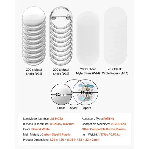 VEVOR Buttonrohlinge 200-tlg. 32mm für Buttonmaschine mit Sicherheitsnadel, Transparente Mylar-Folie & Runde Blanko-Papiere für DIY-Projekte zu Hause Schulveranstaltungen & Individuelle Studios – Bild 6