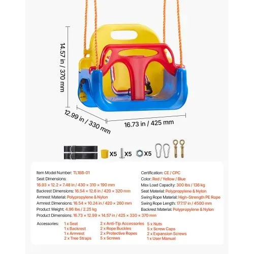 VEVOR 3-in-1 Babyschaukelsitz Tragkraft 136 kg Kinderschaukel Rot/Gelb/Blau, für Spielplätze Indoor & Outdoor, mit Verstellbaren Seilen & Karabinerhaken, für Kinder ab 6 Monaten, CE-& CPC-Zertifiziert – Bild 6