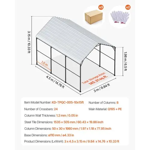VEVOR Zeltgarage 3x4,5x3,15 m, Garagenzelt, Carport mit verzinktem Stahlrahmen & Dach, Autozelt mit abnehmbaren Seitenwänden, Mehrzweck-Autounterstand für Pickup, Boot, Auto & Traktoren – Bild 6