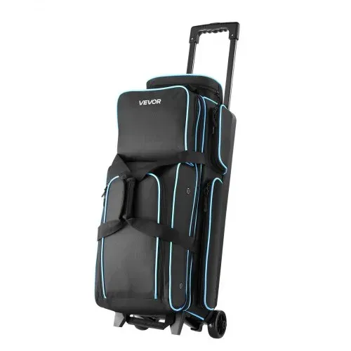 VEVOR Bowlingballtasche für 3 Bälle mit Doppelrollen & separatem Fach für Schuhe (bis US-Größe 16) & übergroßer Zubehörtasche, einziehbarer Griff lässt sich auf 105 cm ausziehen Schwarz + Blau – Bild 10