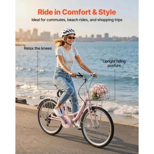 VEVOR Damenfahrrad 24 Zoll Cruiser-Fahrrad 150 kg 7-Gang Citybike Pink, für Pendelfahrten Besorgungen und Strandfahrten, mit Doppelten V-Bremsen, 50 kg Gepäckträger, Schutzblechen und Handschuhen VEVOR Damenfahrrad 24 Zoll Cruiser-Fahrrad 150 kg 7-Gang Citybike Pink, für Pendelfahrten Besorgungen und Strandfahrten, mit Doppelten V-Bremsen, 50 kg Gepäckträger, Schutzblechen und Handschuhen