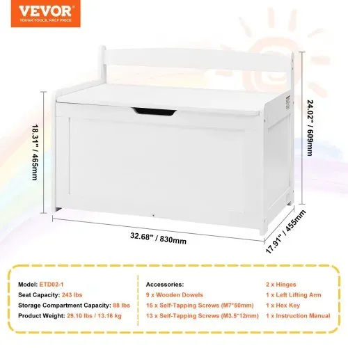 VEVOR Kindersitzbank Spielzeug Aufbewahrungsbank, Sitzbank mit Stauraum Kinder Spielzeugkiste, Spielzeug Aufbewahrung, Spielzeugkiste mit Klappdeckel und Rückenlehne, 830 x 455 x 609 mm Weiß – Bild 6