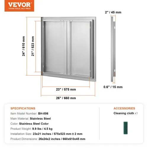 VEVOR Grill-Zugangstür, 660 x 610 mm, Doppelte Außenküchentür, Flächenbündig Montierte Edelstahltür, Vertikale Wandtür mit Versenkbaren Griffen, für Grillinsel, Grillstation, Außenschrank – Bild 6