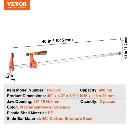 VEVOR Stangenklemmen für die Holzbearbeitung, F-Klemme, 2er-Pack, 91,4cm Klemme/Spreizer, 272,16kg Last – Bild 6
