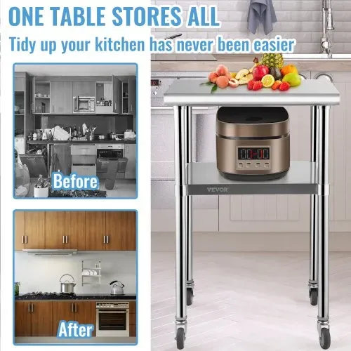 VEVOR Kommerzieller Edelstahltisch 61 x 61 x 91,4 cm, Rollbarer Zweilagiger Arbeitstisch Zerlegetisch Gastro 181,4 kg + 91 kg Tragfähigkeit, Gewerbe Küchentisch, Zubereitungstisch Küchenmöbel VEVOR Kommerzieller Edelstahltisch 61 x 61 x 91,4 cm, Rollbarer Zweilagiger Arbeitstisch Zerlegetisch Gastro 181,4 kg + 91 kg Tragfähigkeit, Gewerbe Küchentisch, Zubereitungstisch Küchenmöbel