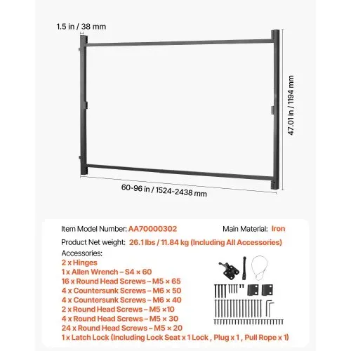 VEVOR Torbausatz passend für 152 bis 243 cm breite Öffnungen, verstellbarer Torrahmensatz (119 cm hoch) aus Eisen, durchhangsicherer Torrahmensatz mit Riegelschloss & Schrauben, für Holzzaun – Bild 6
