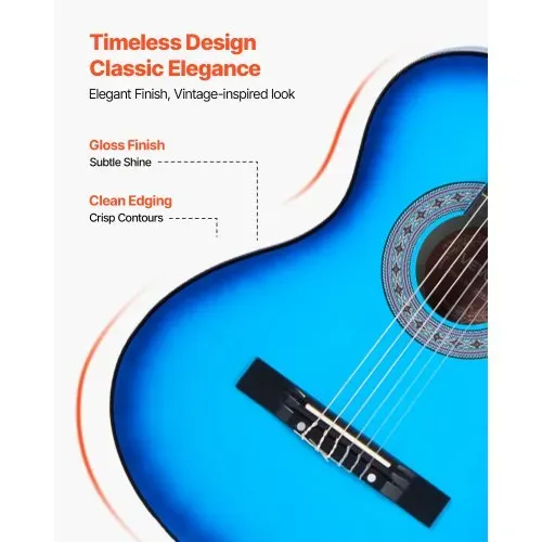 VEVOR Konzertgitarre, 960 mm, Holz-Klassikgitarren-Starter-Set für Anfänger, mit Nylonsaiten, Gigbag, Gurt, Stimmgerät, zusätzlichen Saiten, Plektren, Kapodaster, Linde, für Einsteiger, Blau – Bild 4