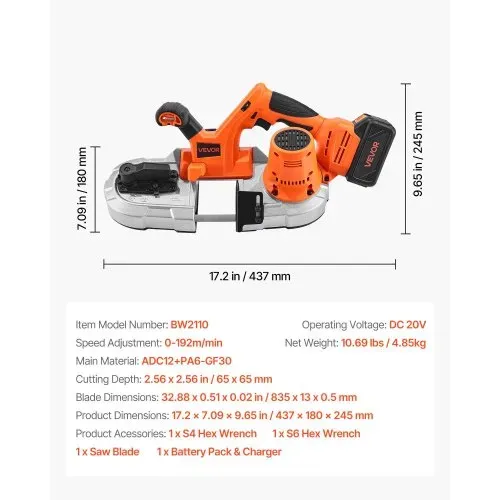 VEVOR 20 V Akku Bandsäge, 65x65 mm Schnitttiefe, Metallbandsäge mit bürstenlosem Motor, 4000-mAh Akku und Ladegerät, 0–192 m/min variable Drehzahl, ideal zum Schneiden von Metall, Holz – Bild 6