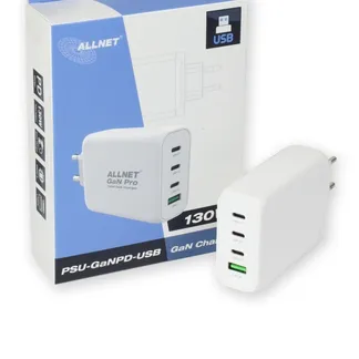 ALLNET Ersatznetzteil QC USB-C PD GaN Netzteil Power Supply 130 Watt 1x USB Typ-A QC, 3x USB Typ-C**EU PLUG** ALLNET Ersatznetzteil QC USB-C PD GaN Netzteil Power Supply 130 Watt 1x USB Typ-A QC, 3x USB Typ-C**EU PLUG**