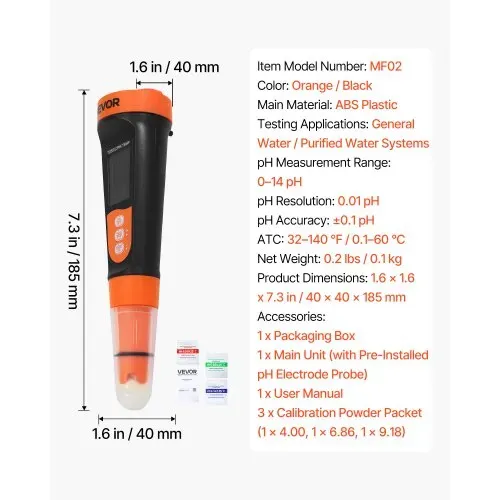 VEVOR pH-Meter, pH/EC/TDS Multiparameter-Messung, IP68 Wasserdichte Sonde, Taschen-Tester-Set mit Kalibrierpulver-Päckchen, VA-Display, PH Messgerät, Wassertester für Wasserqualitätsprüfung – Bild 6