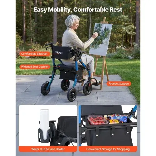 VEVOR 2-in-1 Rollator Faltbar mit Sitz, Leichter Gehwagen mit Reifen, Gehhilfe bis 136 kg mit Rückenlehne Tasche Gehstockhalter, Höhenverstellbare Laufhilfe mit Feststellfunktion für Senioren, Blau – Bild 5