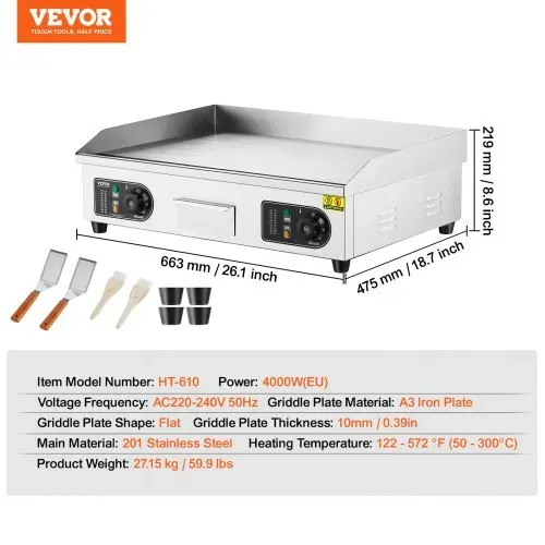 VEVOR Kommerzieller elektrischer Grill, 4000 W, flache Grillplatte für die Arbeitsplatte, einstellbare Temperatur von 122 °F bis 572 °F, 25,98 x 15,75 x 0,39 Zoll, Grillplatte aus Edelstahl mit 2 Schaufeln und 2 Bürsten für Zuhause oder das Restaurant – Bild 6