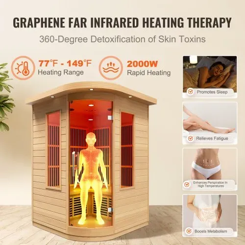 VEVOR Ferninfrarot-Holzsauna, Sauna-Spa für Zuhause, für 2 Personen, Niedrige EMF-Ferninfrarot-Sauna mit gehärteter Glastür & LED-Mehrfarbenlampe & Bluetooth-Lautsprechern, 2 kW für den Innenbereich – Bild 2
