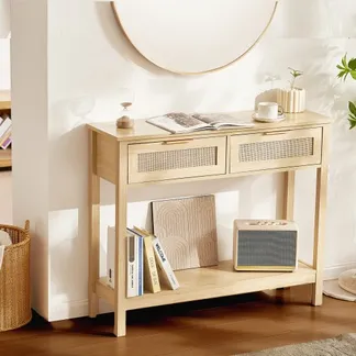 VEVOR Rattan-Konsolentisch mit 2 Schubladen, Rattan-Eingangstisch mit natürlicher Rattan-Schiebetür, Konsolen-Sofatisch für Wohnzimmer, Arbeitszimmer, Eingangsbereich oder Fernsehwand, Natur VEVOR Rattan-Konsolentisch mit 2 Schubladen, Rattan-Eingangstisch mit natürlicher Rattan-Schiebetür, Konsolen-Sofatisch für Wohnzimmer, Arbeitszimmer, Eingangsbereich oder Fernsehwand, Natur