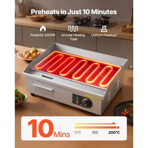 VEVOR Gewerbliche Elektrische Grillplatte 3200 W, Tischgrillplatte 535x300 mm Grillfläche, Elektrogrill, halb Gerillt, halb Glatt, mit 2 Spateln & 2 Bürsten & Fußpolstern, für Steaks Pfannkuchen – Bild 2