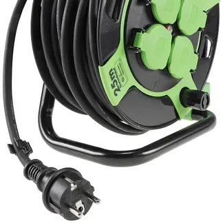 Kunststoff-Kabeltrommel, 25m Kabel, IP44 H05RR-F 3G1,5mm², schwarze Gummileitung Kunststoff-Kabeltrommel, 25m Kabel, IP44 H05RR-F 3G1,5mm², schwarze Gummileitung
