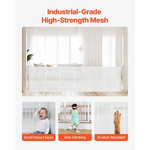VEVOR einziehbares Babygitter Hundegitter ausziehbar auf 280 cm Breite / 87 cm Höhe, Haustiergitter Schutzgitter aus Netzmaterial für Innentreppen Türen Flure Spielzimmer, Treppenschutzgitter weiß – Bild 4