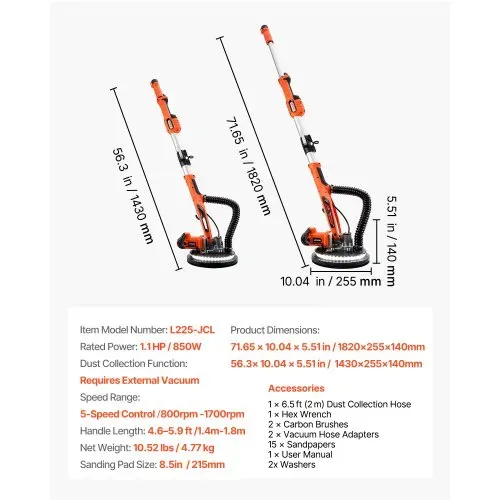 VEVOR Trockenbauschleifer 850 W, Deckenschleifer mit 255 mm Schleifteller, Langhalsschleifer mit 800–1700 U/min Drehzahl, Doppelwandiger LED, Ausziehbarem Griff, 15 Schleifscheiben, Staubschlauch – Bild 6
