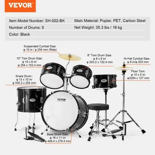 VEVOR Schlagzeugset für Kinder, 5-teilig, Anfänger-Schlagzeugset mit Bass-Toms, Snare, Standtrommel, verstellbarem Thron-Becken, Hi-Hat-Pedal und zwei Paar Drumsticks, für Kinder, schwarz – Bild 6