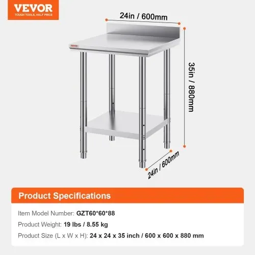 VEVOR Edelstahl Arbeitstisch 60 cm x 60 cm Essenszubereitung mit Aufkantung für die Zubereitung von Mahlzeiten, Nähen, Waschen, Basteln, Garagennutzung usw. – Bild 6