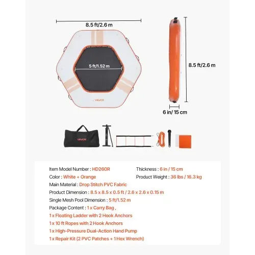 VEVOR Aufblasbares Schwimmdock, 2,6x2,6 m, Schwimmplattform mit Rutschfester Oberfläche, Tragetasche & Abnehmbarer Leiter, Schwimmende Insel, Wasserplattform für Pool, Strand & Meer, Orange – Bild 6