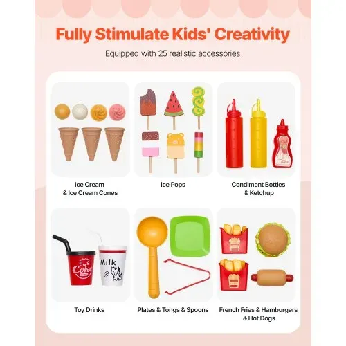 VEVOR Eiswagen für Kinder, 20+ Zubehörteile, Eisdielen-Spielzeugküche mit Eistüte, Markise & Gefrierschrank, Aufbewahrungsschubladen & umblätterbaren Speisekarten, für Kinder von 3–7 Jahren – Bild 2
