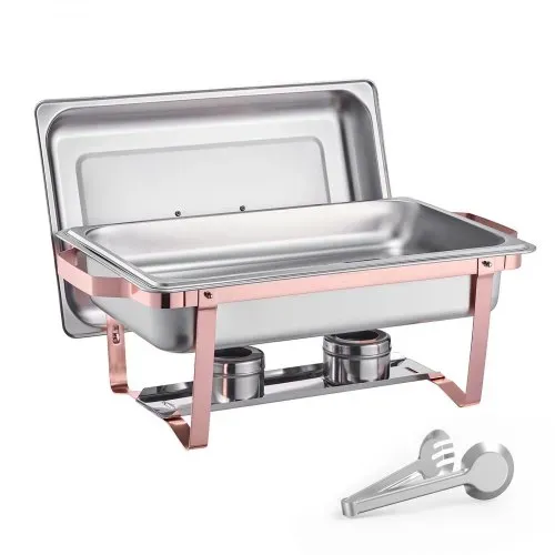 VEVOR Chafing Dish Set 2 Stk. Speisenwärmer Edelstahl mit 2 Pfannen (7,5 L) in voller Größe, rechteckiger Catering-Wärmespender mit Deckel & Wasserpfannenständer & Brennstoffhalter, Roségold – Bild 9